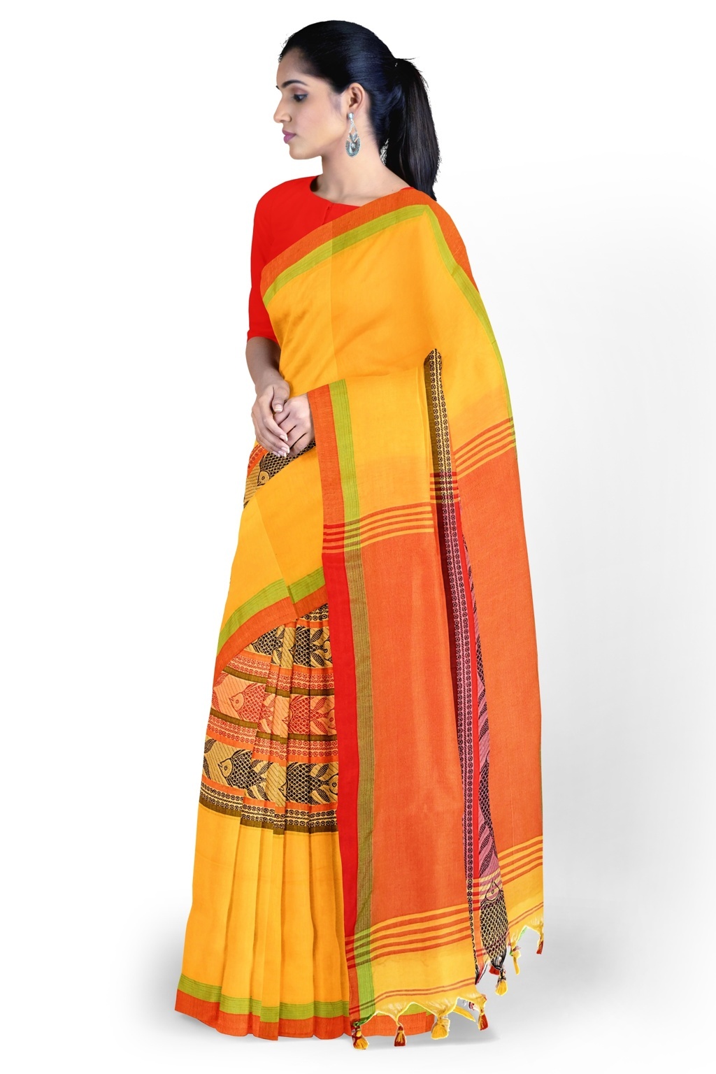 Yellow Red Pure Cotton Marine Hand Loom Saree (1279)